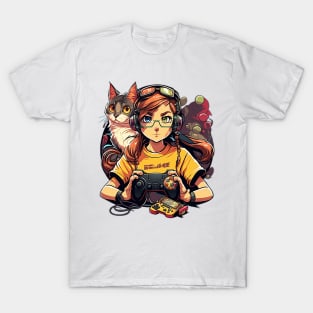 Kawaii player and her cat in the middle of a game T-Shirt